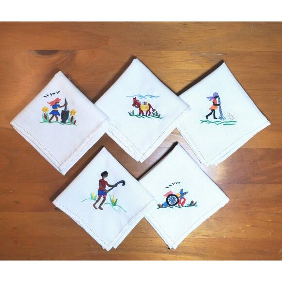 Set Of Five - Embroidered 8" x 8" Small Square Linens - Jamaican / Tropical - Picture 1 of 10